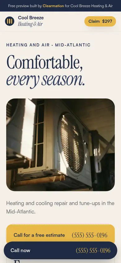 Mobile view of the Cool Breeze Heating & Air sample site