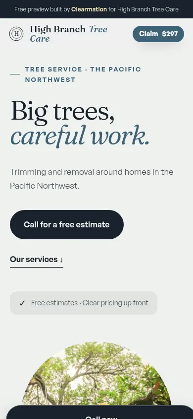 Mobile view of the High Branch Tree Care sample site